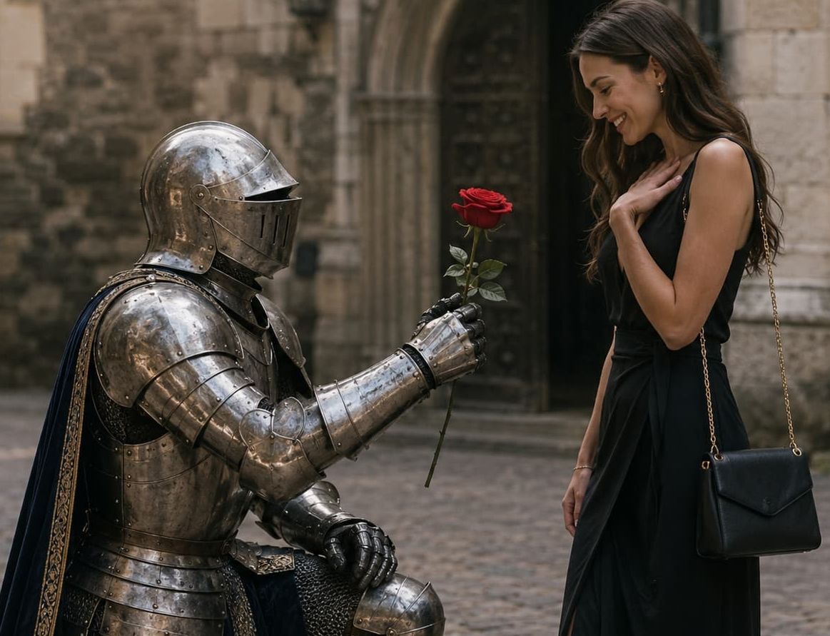 knight in shining armor giving rose to contemporary lady what makes a hero a hero