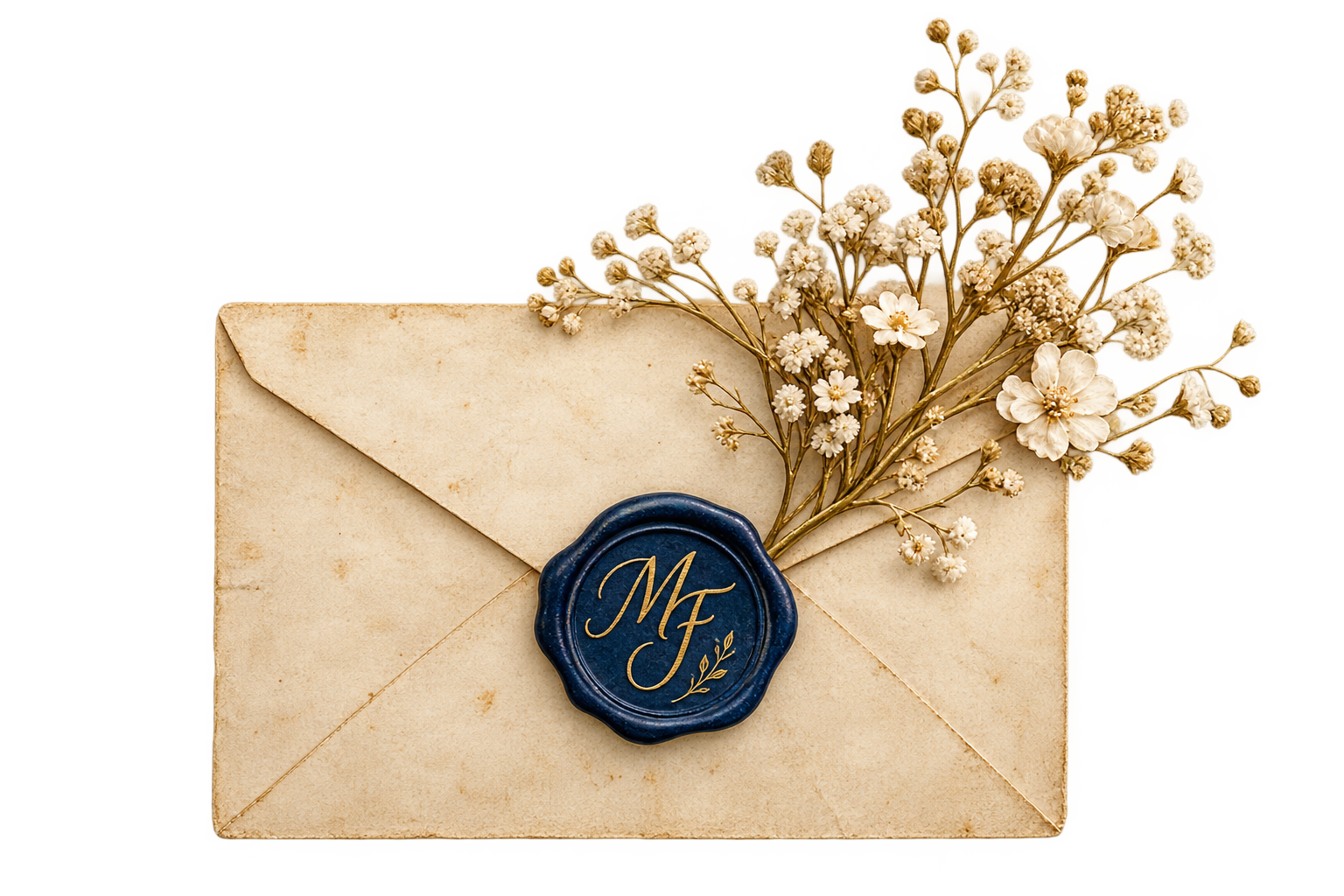 A cream envelope sealed with a navy Mimi Foster wax seal
